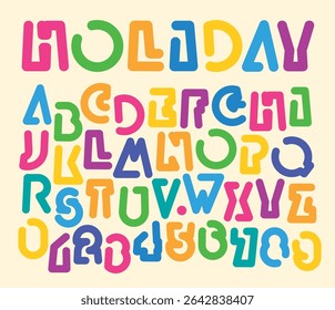 Conjunto de letras contorna a fonte geométrica simples, grossa, humorística da forma da carta com o tema do feriado e da festa. Livro infantil, desenhos animados, créditos. Letras e números do alfabeto latino. Nenhuma IA usada
