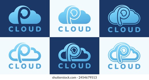 Set of letter P blue cloud logo. This logo combines letters and cloud shapes. Suitable for internet companies, apps, digital storage and the like.