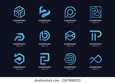 set of letter p logo and combination, with blue and purple gradient color style and dark blue background. suitable for business enterprises, technology, etc.
