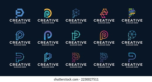 Set of letter P logo design with dot connection logo concept.