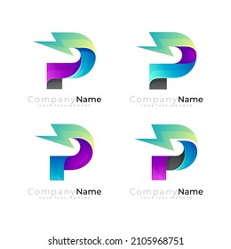 Set letter P logo and thunder design combination
