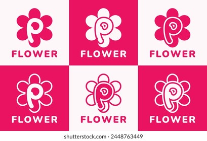 Set of letter P pink flower logo. This logo combines letters and pink flower shapes. Suitable for flower shops, flower farms, accessories shops and the like.