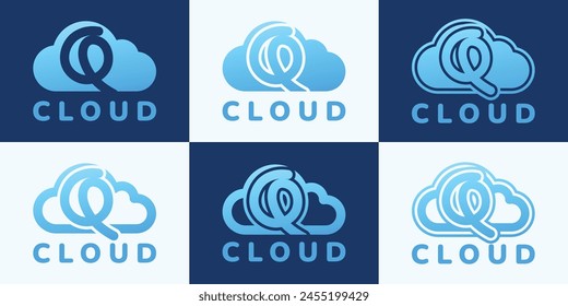 Set of letter Q blue cloud logo. This logo combines letters and cloud shapes. Suitable for internet companies, apps, digital storage and the like.