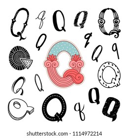 Set of letter Q in different style. Freehand drawing on a white background. Can be used for scrapbook, postcards, etc.