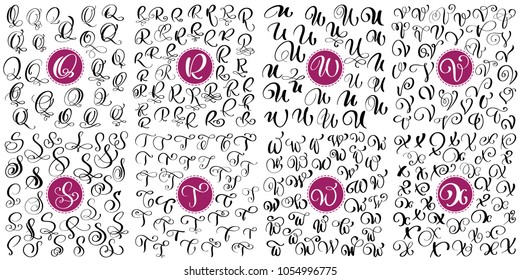 Set letter Q, R, S, T, U, V, W, X Hand drawn vector flourish calligraphy. Script font. Isolated letters written with ink. Handwritten brush style. Hand lettering for logos packaging design poster