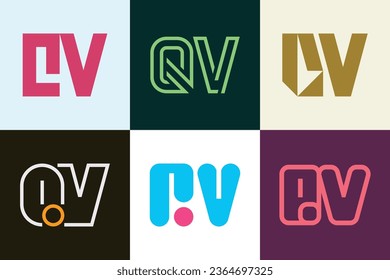 Set of letter QV logos. Abstract logos collection with letters. Geometrical abstract logos