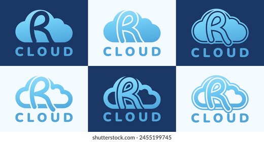 Set of letter R blue cloud logo. This logo combines letters and cloud shapes. Suitable for internet companies, apps, digital storage and the like.