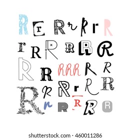 Set of letter R in different style. Collection of alphabet symbols. Vector illustration. Isolated on a white background