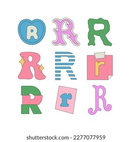 Set with letter R in different styles. Funny cartoon hand drawn style in pastel colors. Preschool education, alphabet concept. Vector illustration isolated on white background.