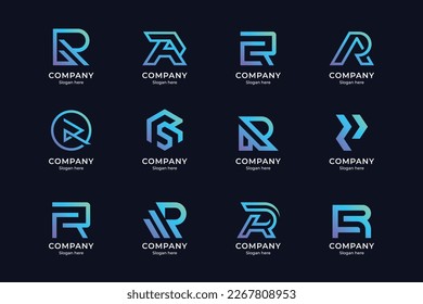 set of letter r logo and combination, with blue and purple gradient color style and dark blue background. suitable for business enterprises, technology, etc.