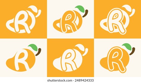 Set of letter R mango logo. This logo combines letters and a mango fruit. Perfect for fruit shops, juice store, farms, and the like.