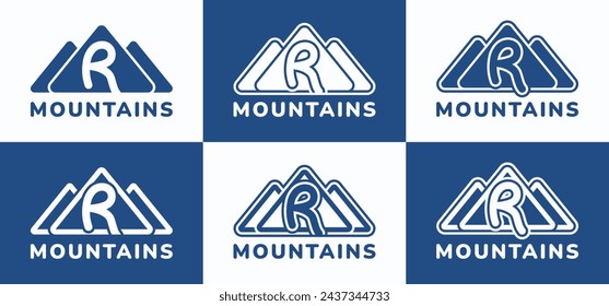 Set of letter R round mountains logo. This logo combines letters and mountain shapes. Suitable for nature lovers, hiking shops, outdoor tool shops and the like.