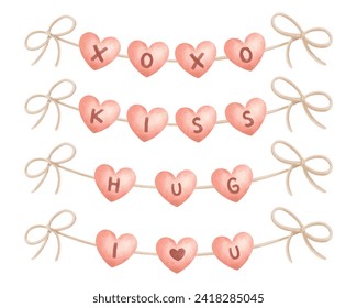 Set of letter ribbon banner valentine day watercolor vector illustration