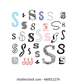Set of letter S in different style. Collection of alphabet symbols. Vector illustration. Isolated on a white background