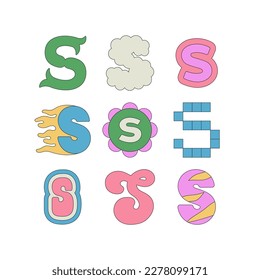 Set with letter S in different styles. Funny cartoon hand drawn style in pastel colors. Preschool education, alphabet concept. Vector illustration isolated on white background.