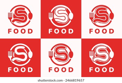 Set of letter S food plate logo. This logo combines letters and cutlery shapes. Perfect for restaurants, food courts, fast food, street food and cafes.