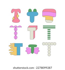 Set with letter T in different styles. Funny cartoon hand drawn style in pastel colors. Preschool education, alphabet concept. Vector illustration isolated on white background.