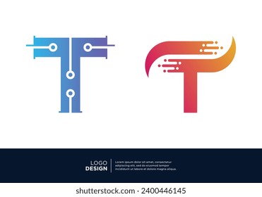 Set of Letter T digital data connection logo design.