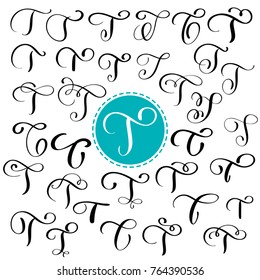 Set letter T. Hand drawn vector flourish calligraphy. Script font. Isolated letters written with ink. Handwritten brush style. Hand lettering for logos packaging design poster