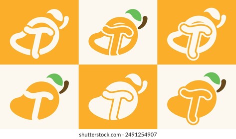 Set of letter T mango logo. This logo combines letters and a mango fruit. Perfect for fruit shops, juice store, farms, and the like.