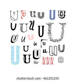 Set of letter U in different style. Collection of alphabet symbols. Vector illustration. Isolated on a white background