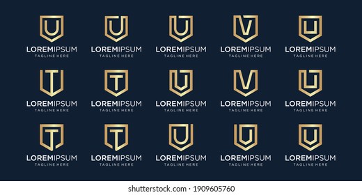 set of letter U T V monogram and shield sign combination. Line art logo design. Symbolizes reliability, safety, power, security. luxury logotype.