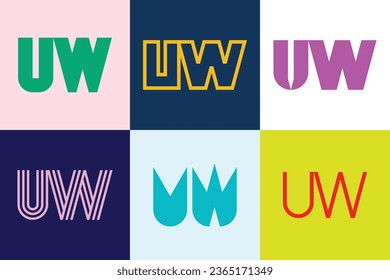 Set of letter UW logos. Abstract logos collection with letters. Geometrical abstract logos