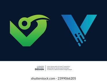 Set of Letter V digital data connection logo design.