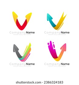 Set letter V logo with arrow design combination, group logos, up icon
