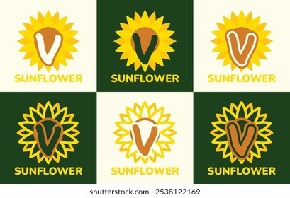 Set of letter V sunflower logo. This logo combines letters and sunflower shapes. Suitable for flower shops, flower farms, flower accessories shops and the like.