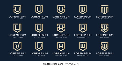 set of letter V W U monogram and shield sign combination. Line art logo design. Symbolizes reliability, safety, power, security. luxury logotype.