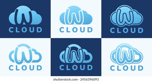 Conjunto de la letra W azul nube logo. Este logotipo combina letras y Formas en la nube. Adecuado para empresas de Internet, App, almacenamiento digital y similares.