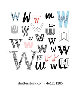 Set of letter W in different style. Collection of alphabet symbols. Vector illustration. Isolated on a white background