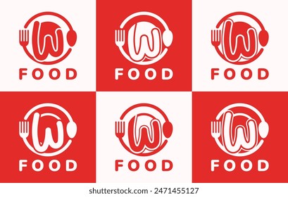 Set of letter W food plate logo. This logo combines letters and cutlery shapes. Perfect for restaurants, food courts, fast food, street food and cafes.