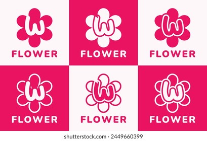 Set of letter W pink flower logo. This logo combines letters and pink flower shapes. Suitable for flower shops, flower farms, accessories shops and the like.