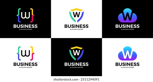 Set of letter W tech cloud, shield, coding logo design template.