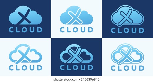 Set of letter X blue cloud logo. This logo combines letters and cloud shapes. Suitable for internet companies, apps, digital storage and the like.