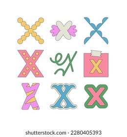 Set with letter X in different styles. Funny cartoon hand drawn style in pastel colors. Preschool education, alphabet concept. Vector illustration isolated on white background.
