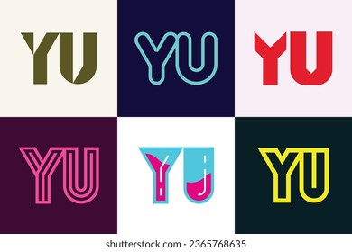 Set of letter YU logos. Abstract logos collection with letters. Geometrical abstract logos