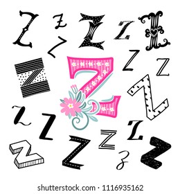 Set of letter Z in different style. Freehand drawing on a white background. Can be used for scrapbook, postcards, etc.