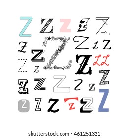 Set of letter Z in different style. Collection of alphabet symbols. Vector illustration. Isolated on a white background