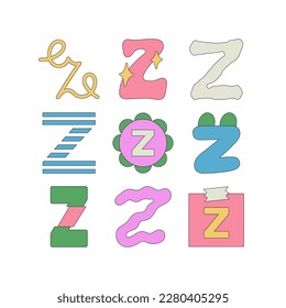 Set with letter Z in different styles. Funny cartoon hand drawn style in pastel colors. Preschool education, alphabet concept. Vector illustration isolated on white background.