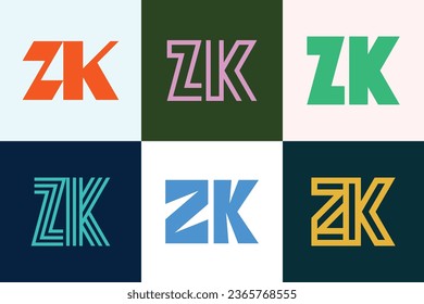 Set of letter ZK logos. Abstract logos collection with letters. Geometrical abstract logos