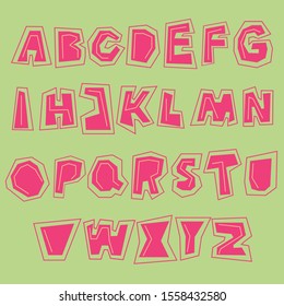 Set of letterhead (A-Z) in scandinavian style and paper cut effect. Pink, yellow alphabet on green isolated background. ABC for cards, posters, prints, textile, chindren books. 