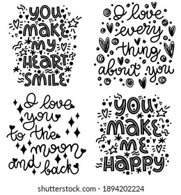 Set of lettering about love. Valentines Day. Black and white vector lettering.