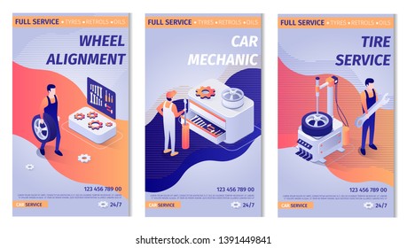 Set of Lettering Advertisements for Service. Posters with Auto Maintenance Operation Process and Masters at Work. Wheel Alignment, Car Mechanic, Tire Service Offers. Vector Isometric 3d Illustration