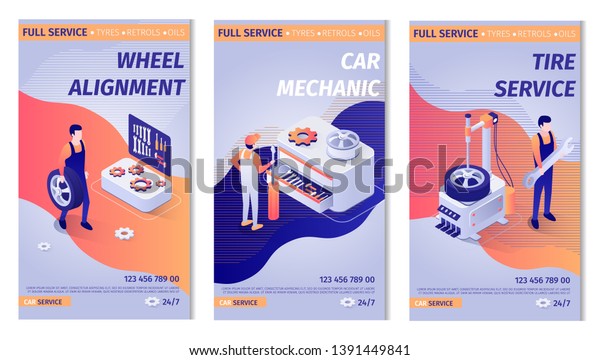 Set of Lettering Advertisements for Service.\
Posters with Auto Maintenance Operation Process and Masters at\
Work. Wheel Alignment, Car Mechanic, Tire Service Offers. Vector\
Isometric 3d Illustration