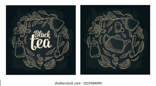 Set with lettering Black Tea. Cup, branch, leaf, spoon, flower, glass sugar shaker, lemon, croissant, bag. Vector vintage white engraving illustration isolated on dark background for label, poster