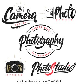 Set of lettering and calligraphy logo photo studio, camera, photography!Labels,badges and design elements!