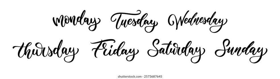 Set of lettering calligraphy - Monday, Tuesday, Wednesday, Thursday, Friday, Saturday, Sunday. Days of the weekday. Typography design.